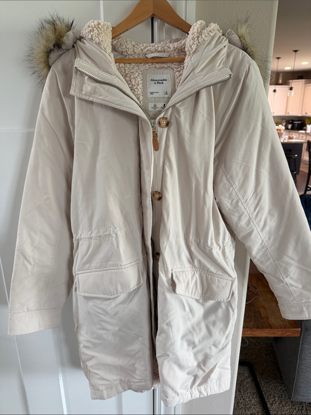 Abercrombie & Fitch Cream Sherpa-Lined Hooded Parka with Faux Fur Trim